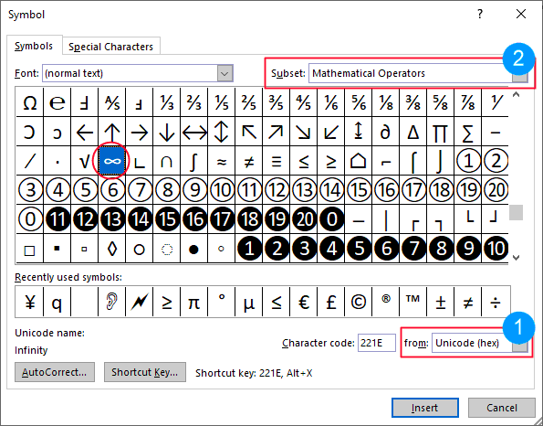 word shortcut for infinity symbol mac keyboard